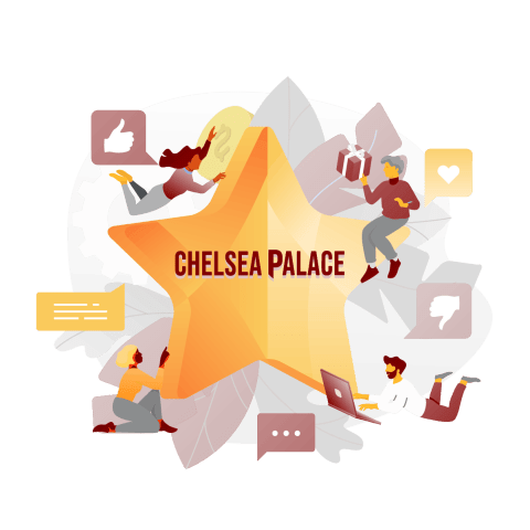 chelsea palace casino review image with a star and social media icons